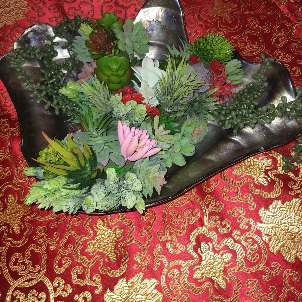 Centerpiece Silver Clamshell Bowl with Lush Green Faux Succulents